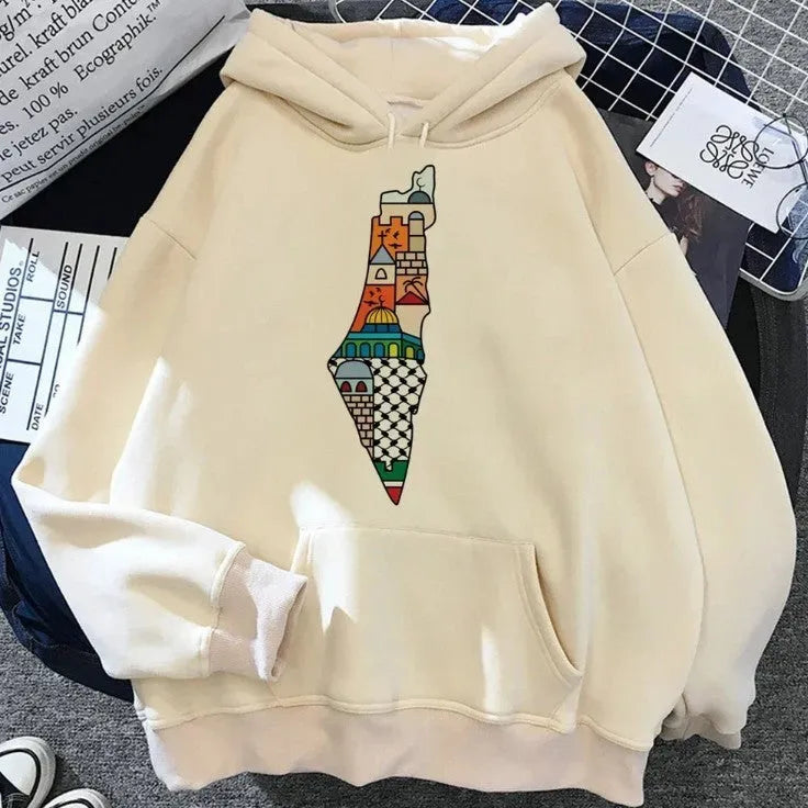 Women's loose fit hoodie pullover with Palestine graphic print, side pocket, long sleeves, hood, in Khaki colour