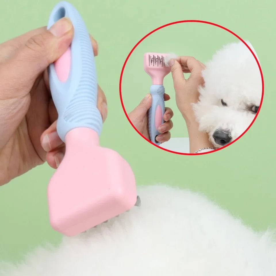 Pink and purple handled pet grooming comb with stainless steel de-matting knife and brush.