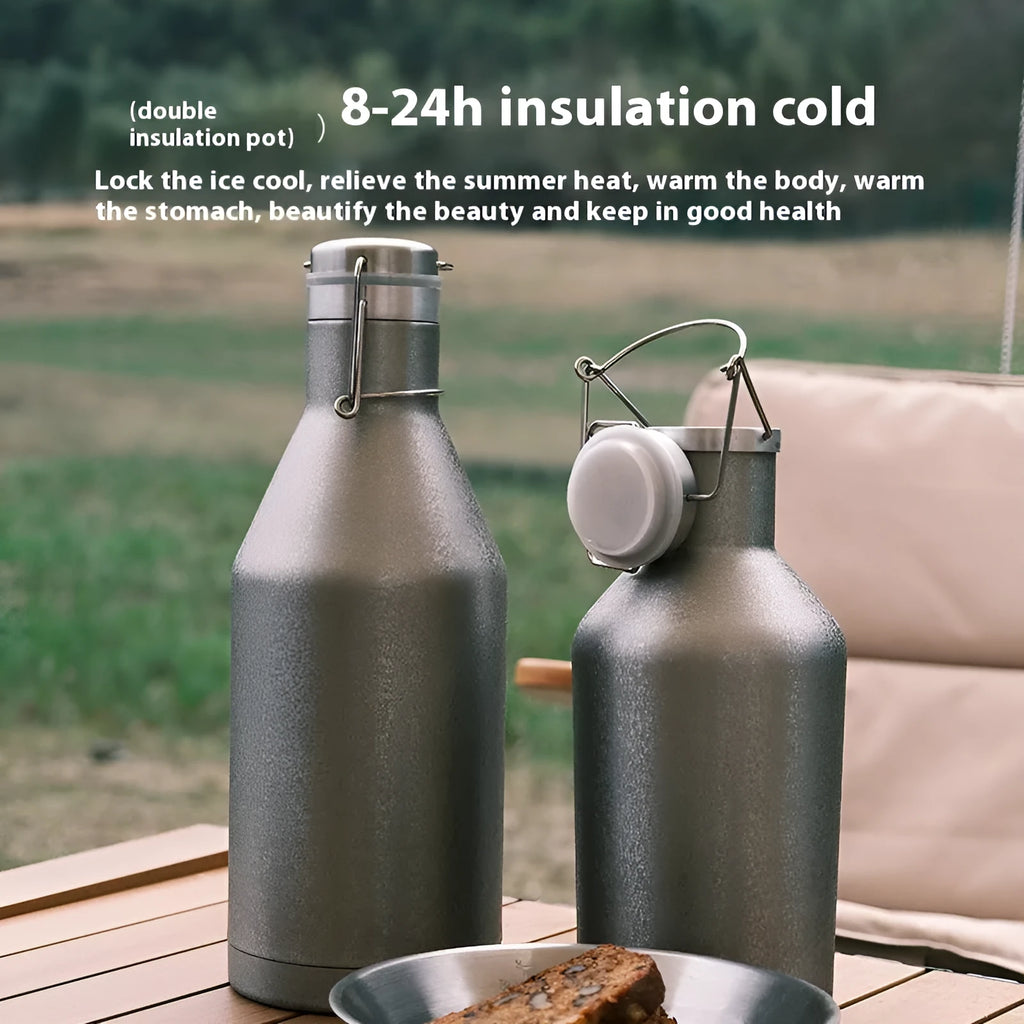 Stainless steel thermal pot with large capacity for outdoor and portable use.