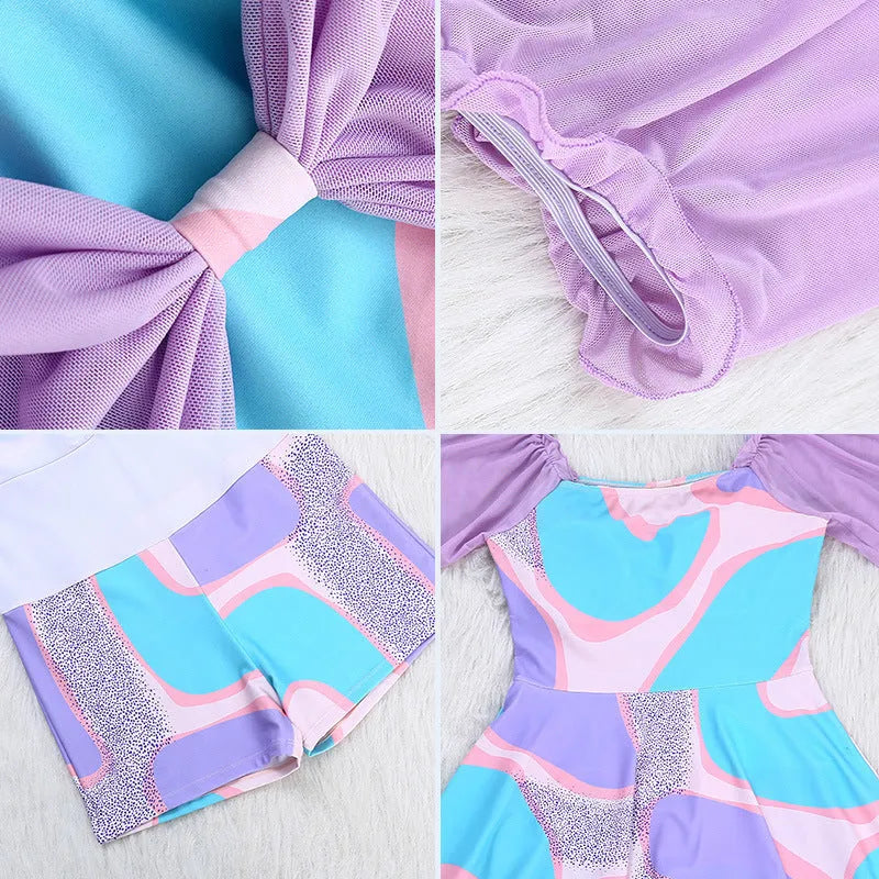 Women's high-waist floral one-piece swimsuit with bowknot detail in light purple or light blue