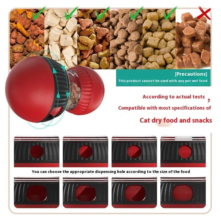 Rotating plastic cat toy with clear compartment showing super ball inside, food dispensing mechanism visible