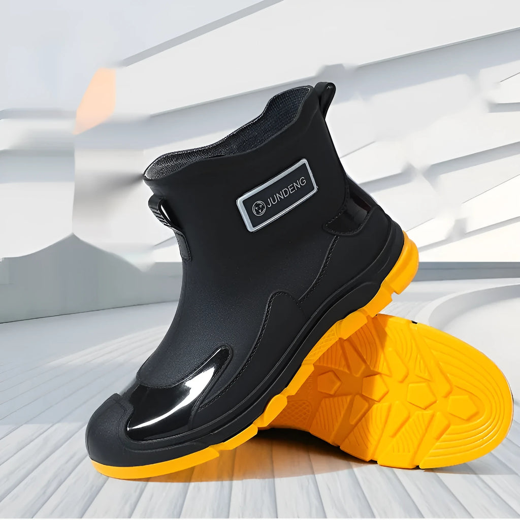 Korean style PVC waterproof boots with low tube design and integrated moulded sole in black colour