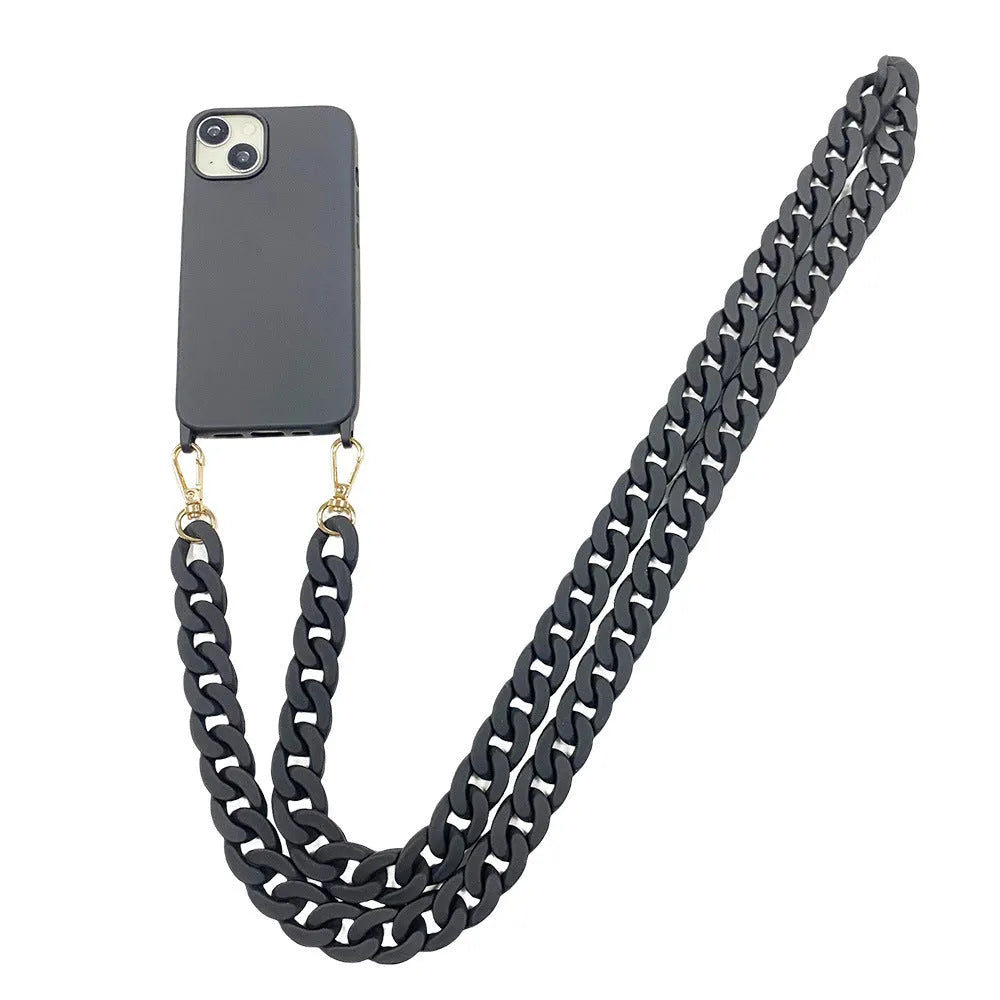 Frosted handle chain shoulder phone cover in liquid silicone for iPhone, shown in pink, purple and black