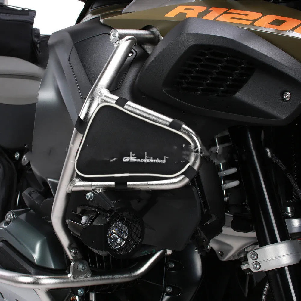 Black cloth motorcycle frame crash bar bag, 15cm x 10cm x 10cm storage pouch for bike frame mounting