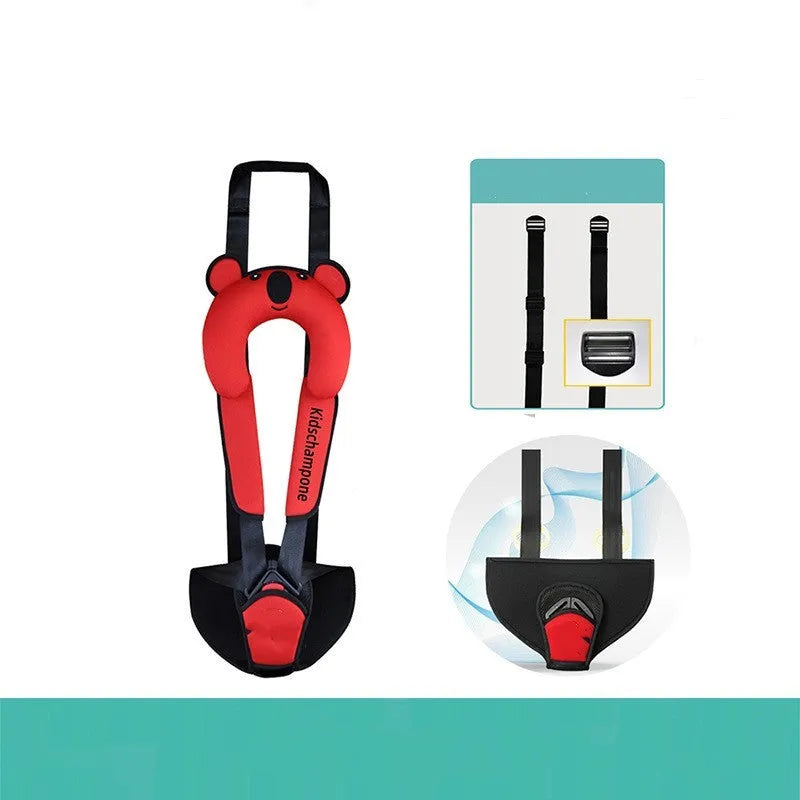 Portable child car seat belt retainer in rose pink, red, or blue for children 12-36kg.
