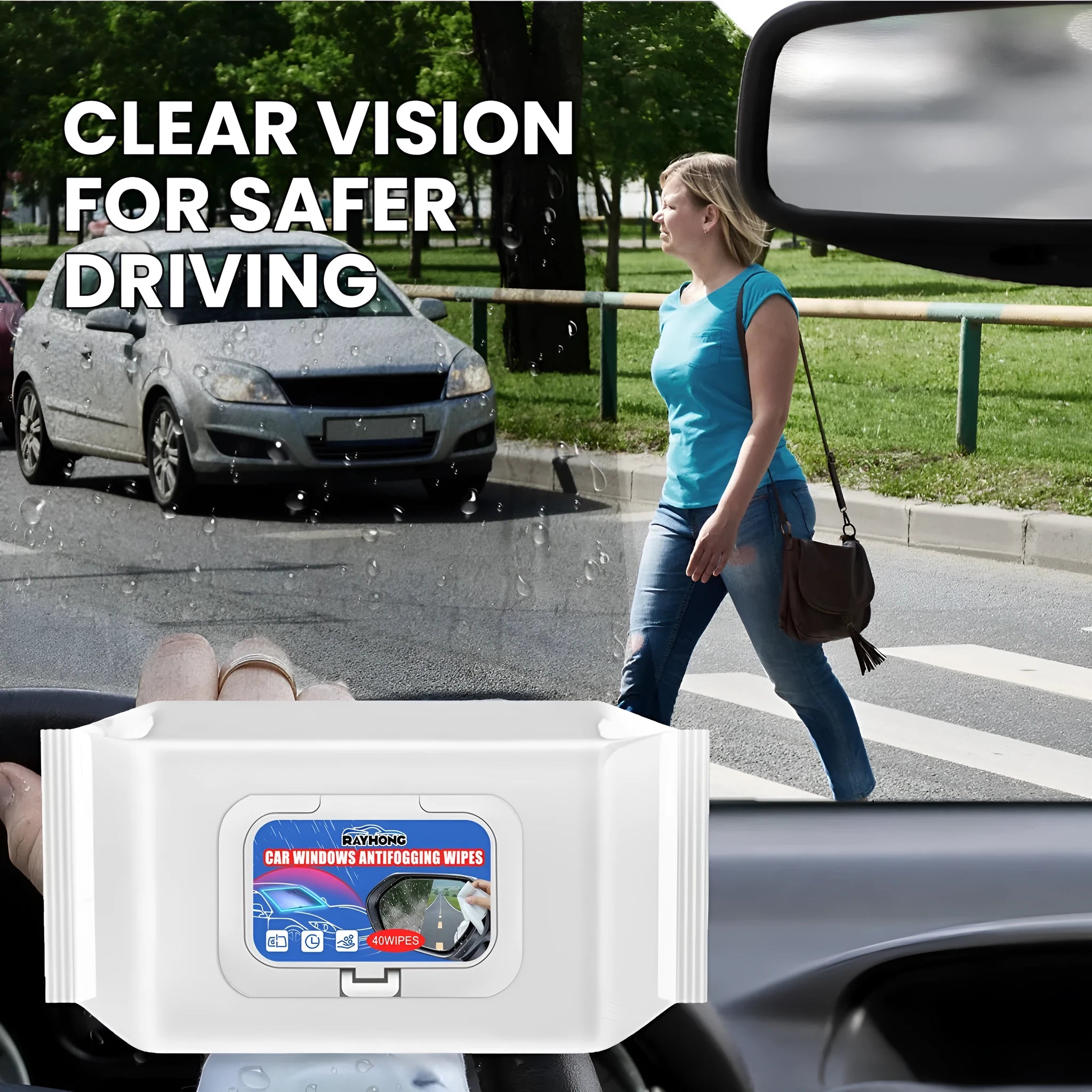 Pack of 40 car anti-fog rain wipes showing individual 18x8x3cm non-woven fabric cloths with water-based resin formula