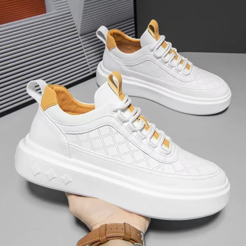 British style thick soled hollowed out breathable casual board shoes in white brown, platform heel, solid colour