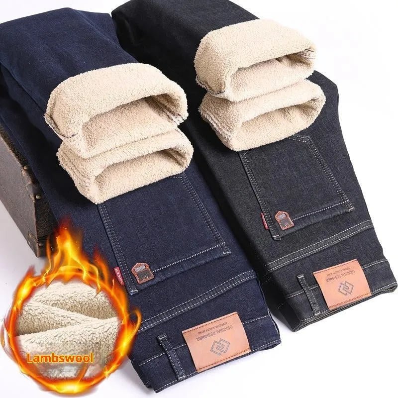 Men's fleece-lined cotton straight-leg jeans in black with velvet lining, mid waist, drawstring closure