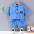 Boys cotton short-sleeved shorts suit set in solid colour, available in green beige blue for heights 80-120cm