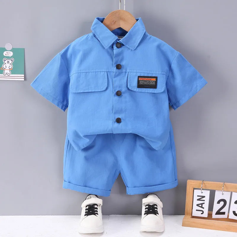 Boys cotton short-sleeved shorts suit set in solid colour, available in green beige blue for heights 80-120cm
