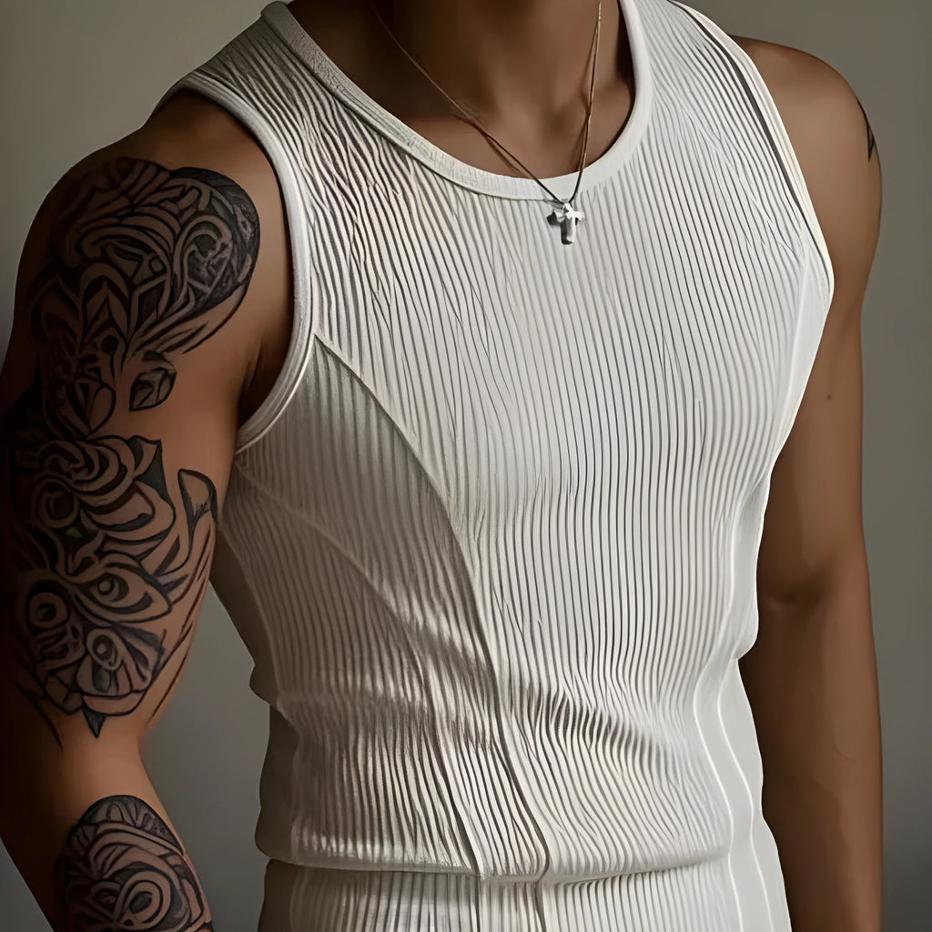 Men's black I-shaped sports tank top vest made from moderate weight polyester fabric