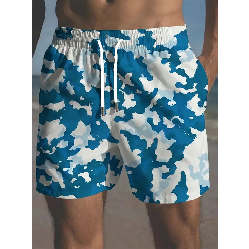 Men's polyester beach shorts in multiple colours with streetwear print design.