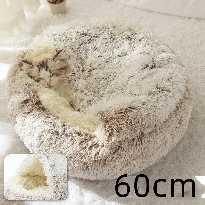 2 in 1 round plush pet bed with PP cotton filling for dogs and cats, available in brown, 65cm size