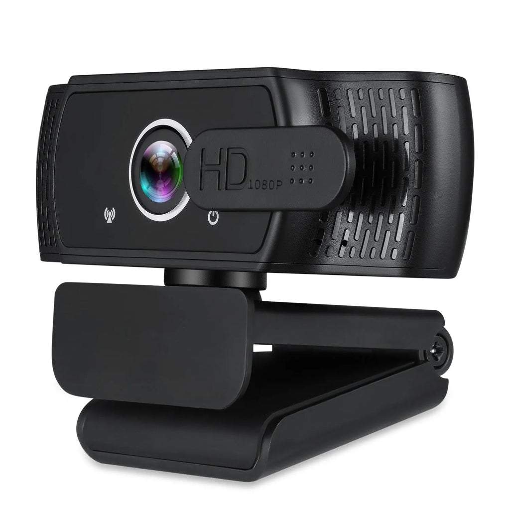 Black USB webcam with built-in microphone mounted on a laptop screen