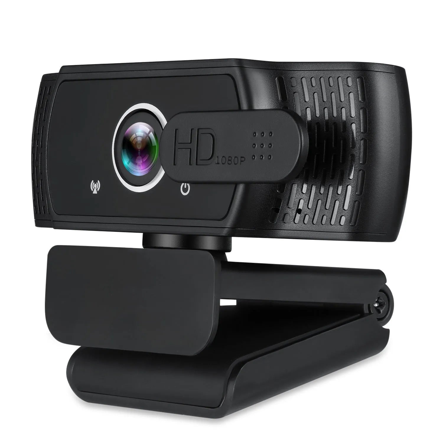 Black USB webcam with built-in microphone mounted on a laptop screen