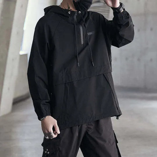 Men's loose thin black hooded solid colour jacket with zip front, front view