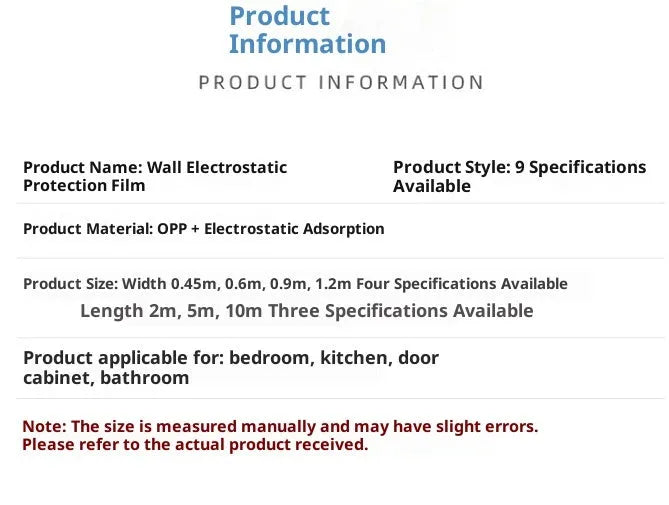 Transparent electrostatic wall protective film roll 45CM x 2M for latex paint walls