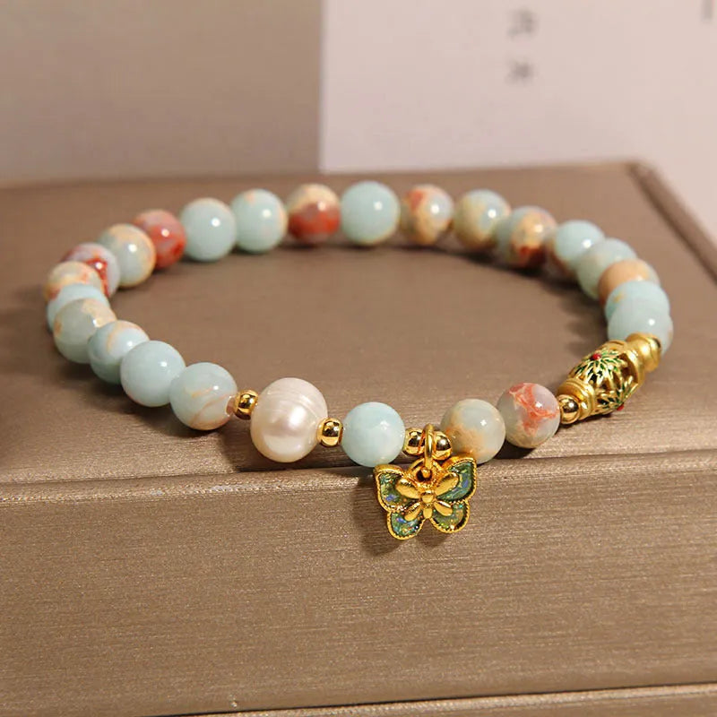 Blue women's bracelet with Shoushan stone and freshwater pearl butterfly pendant jewellery