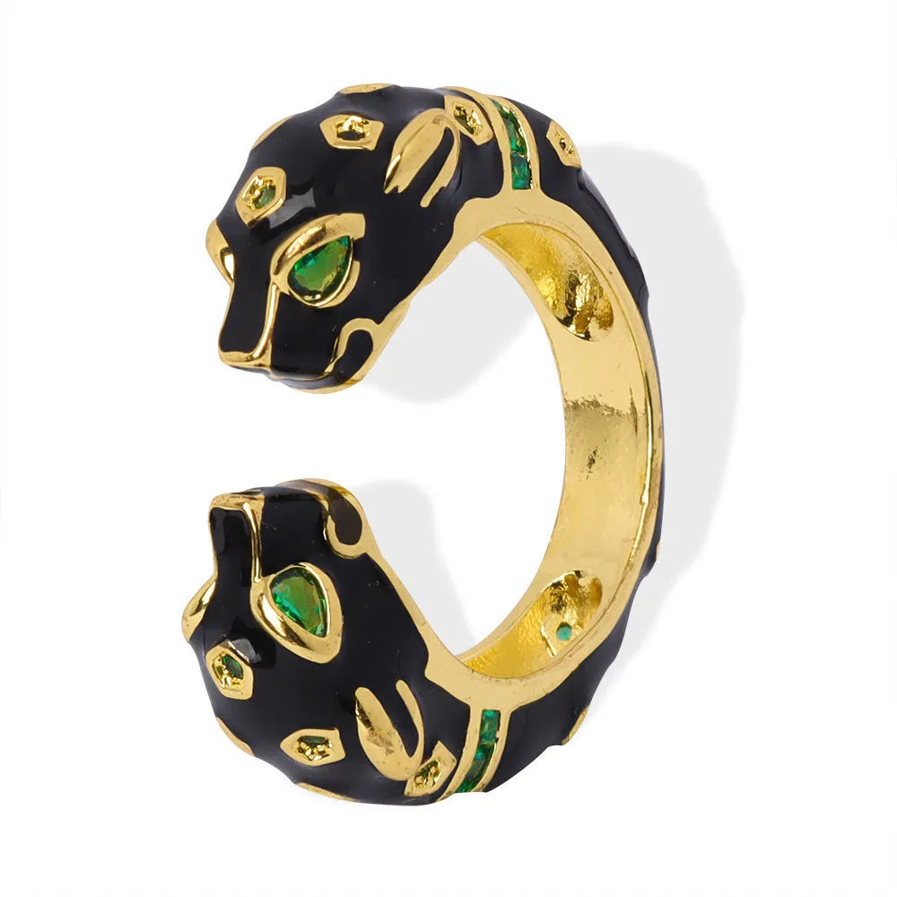 Women's geometric open ring with black electroplated cheetah drip pattern design, size 7