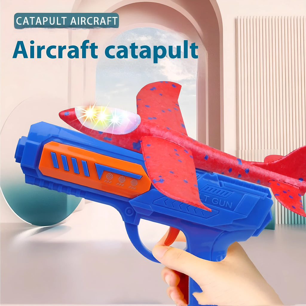 Foam ejection toy set with plastic gun launcher, airplane, and flashing lights for children aged 4-6 blue and orange options