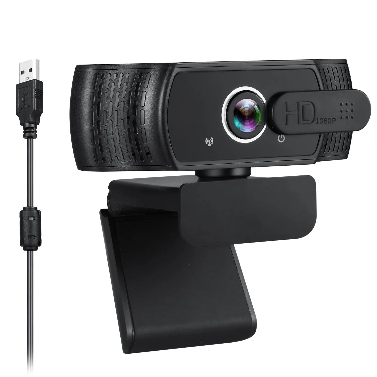 Black USB webcam with built-in microphone mounted on a laptop screen