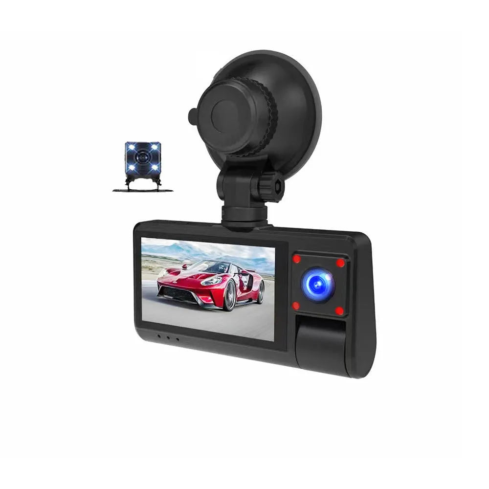 Black G50 dash cam with 3-inch touch screen shown mounted on a car windshield.
