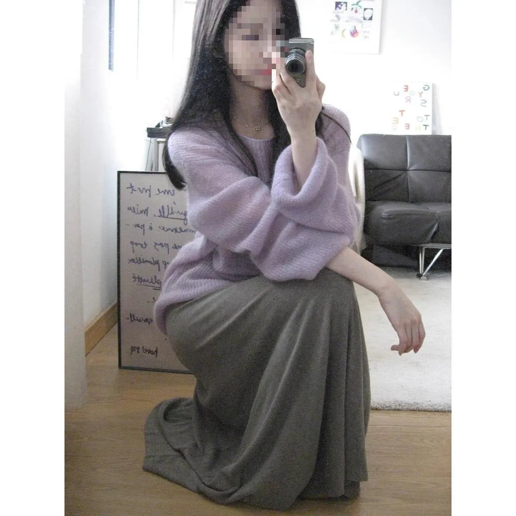 Women's purple ice silk blouse with hollow-out design and princess sleeves, loose fit pullover.