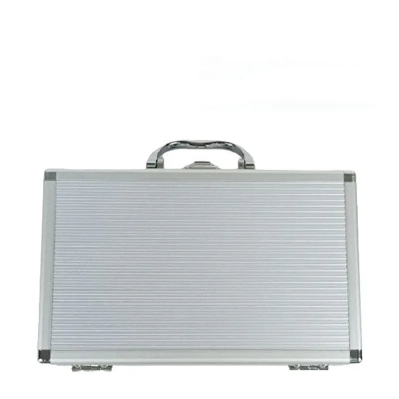 Silver aluminium alloy toolbox with lock and carry handle on a workbench