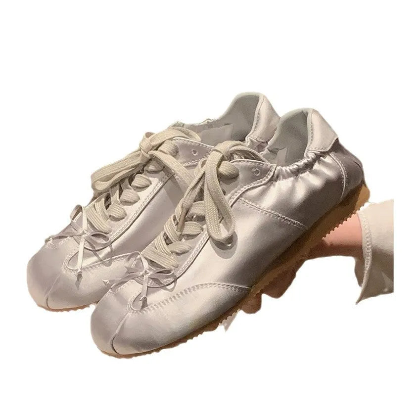 Women's satin ballet flat shoes with round toe and front lace-up in three colour options