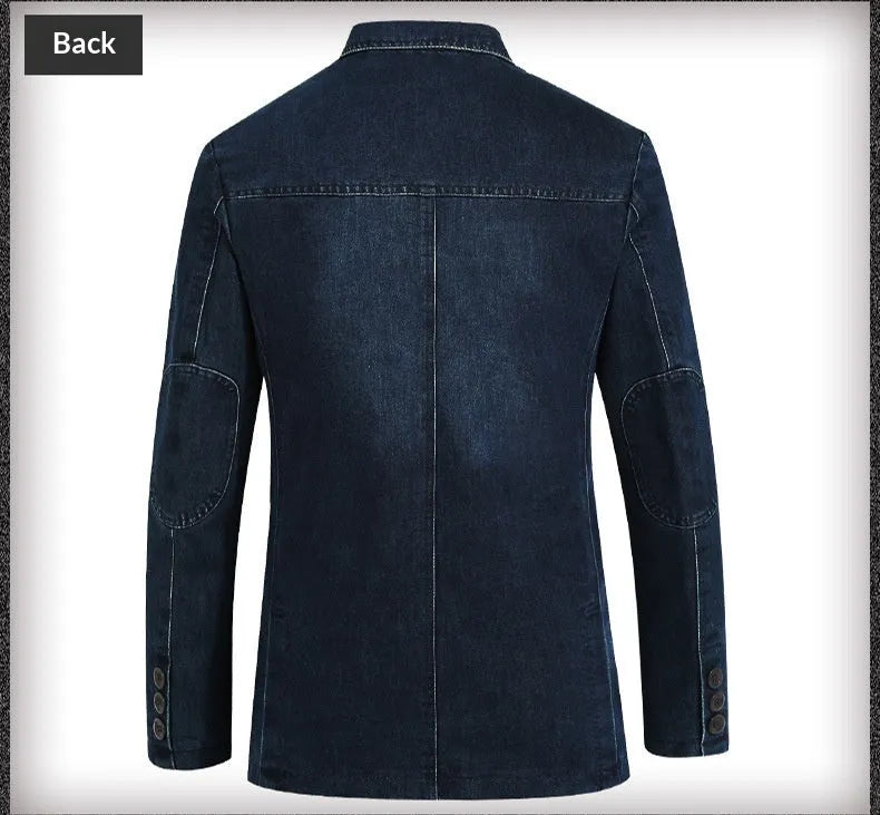 Casual solid colour cotton denim suit jacket for men, slim fit, top patch pockets, light blue