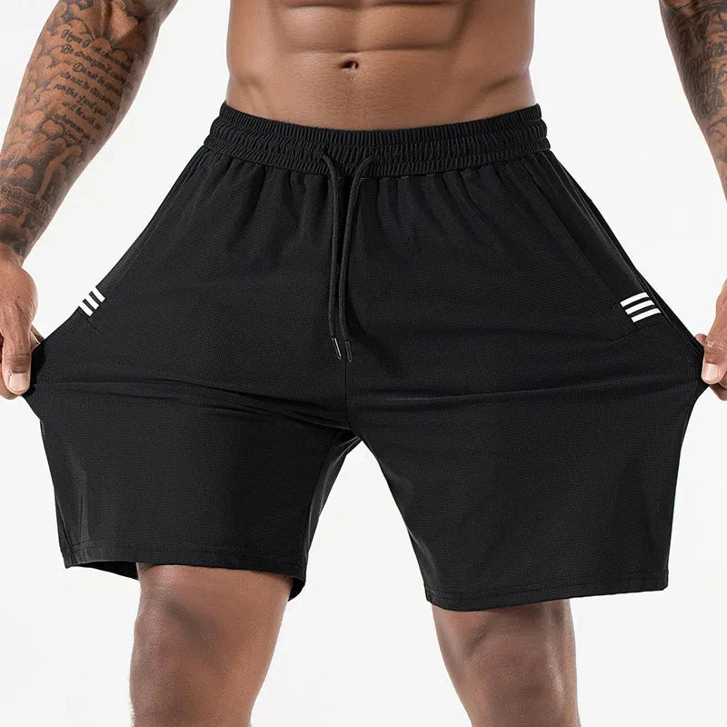 Men's black ice silk quick-drying sports shorts with drawstring waist and cropped length