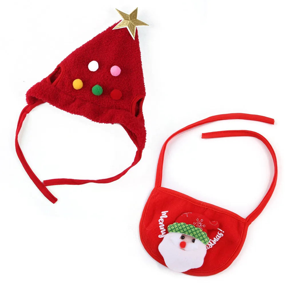 Christmas pet costume with white reindeer antler hat and green velvet bib on small pet
