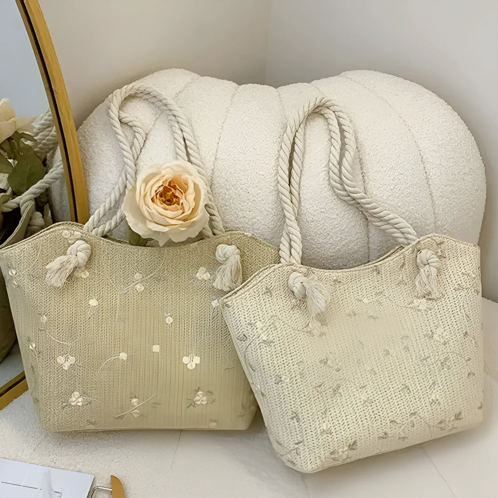 Large capacity PU handbag with flap closure in white and khaki, sewing line detail