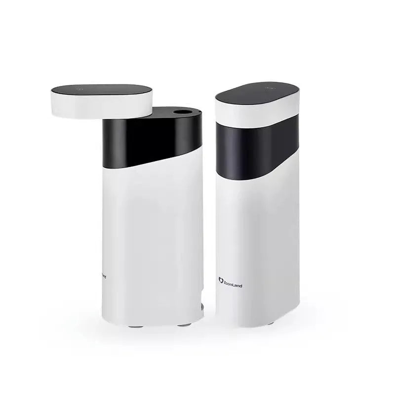 Black and green compact desktop instant water dispenser with digital display on a wooden desk.
