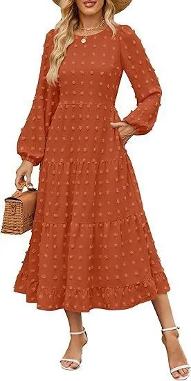 Women's long sleeve casual dress with ruffle sleeves and high waist in beige colour