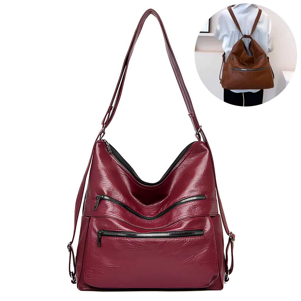 Double zipper shoulder bag for women with adjustable strap, large vertical shape, PU leather, pleated stitching, wine red colour