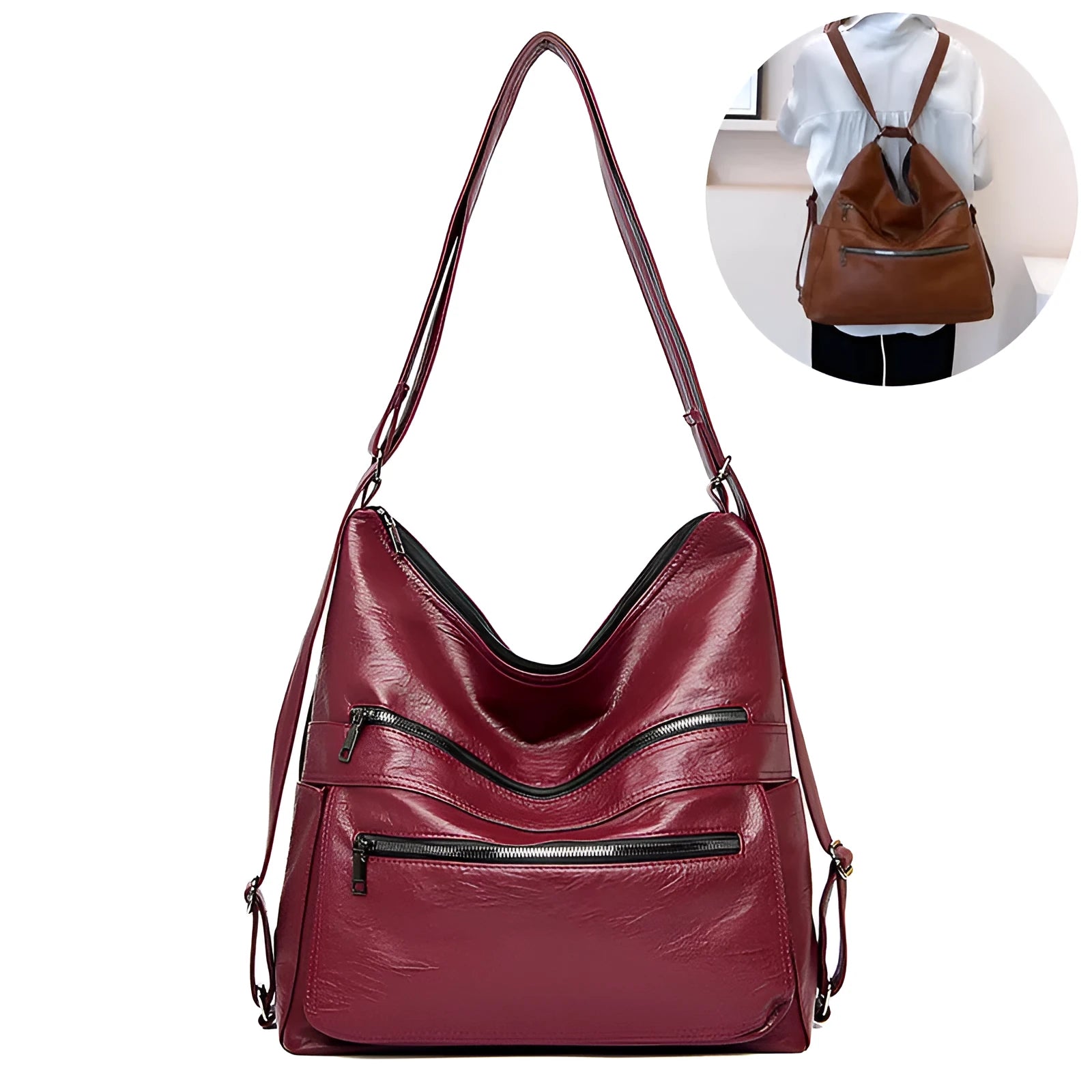 Double zipper shoulder bag for women with adjustable strap, large vertical shape, PU leather, pleated stitching, wine red colour