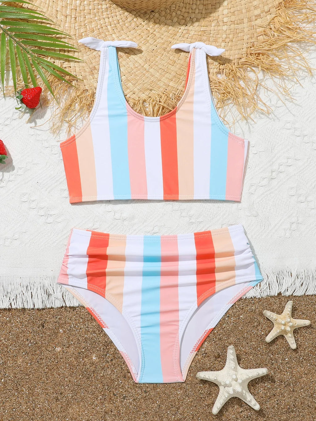 Girls' plaid print bikini brief swimsuit set for swimming, showing bra and panties
