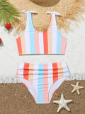 Girls' plaid print bikini brief swimsuit set for swimming, showing bra and panties
