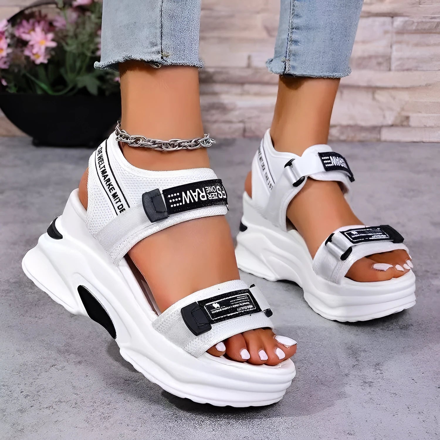 White women's summer wedge sandals with platform, fish mouth toe, and Velcro closure