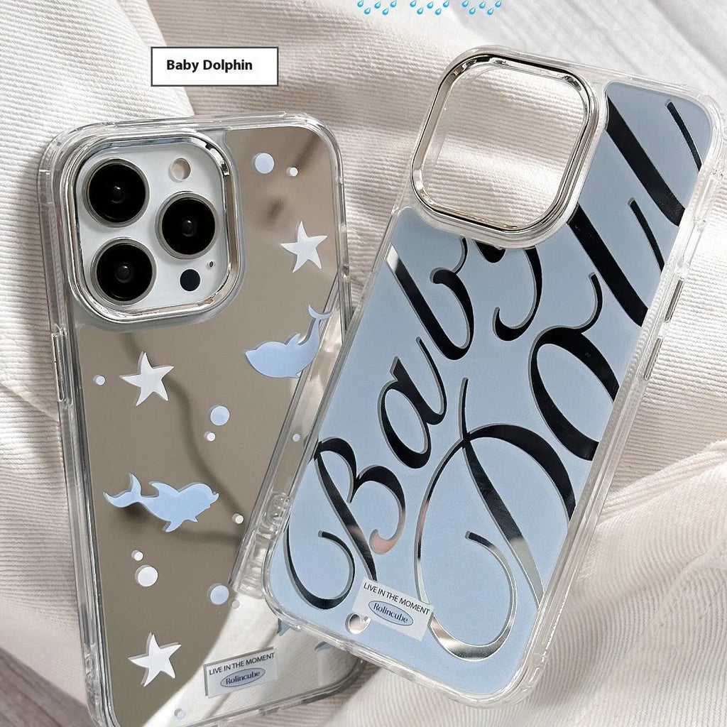 Mirror surface iPhone protective case with JMKJ letters on transparent blue TPU background