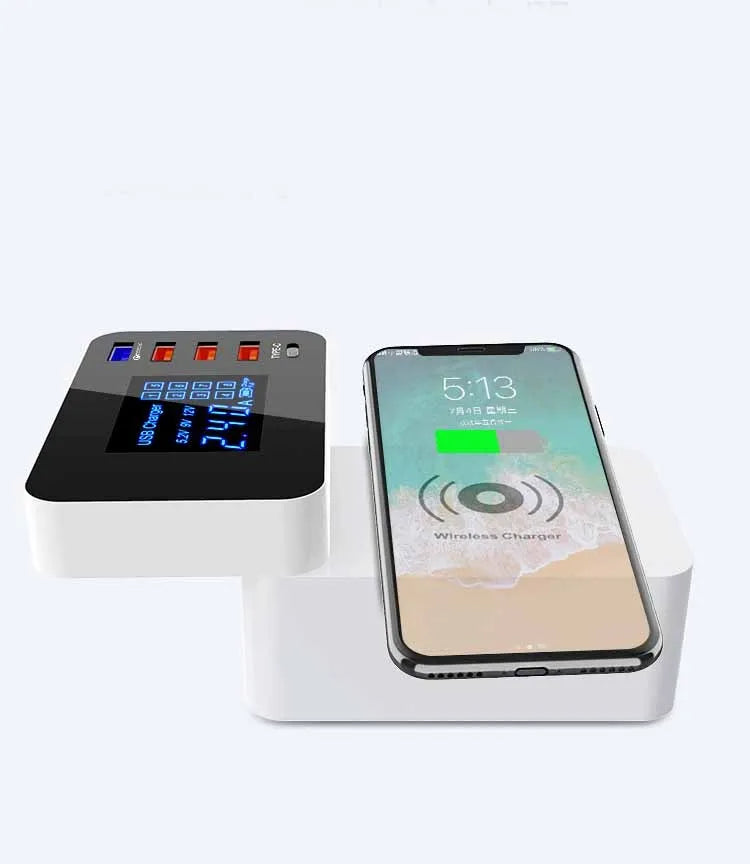 White multi USB port and 10W wireless fast charger with long cable and EU, UK, US plug adapters.