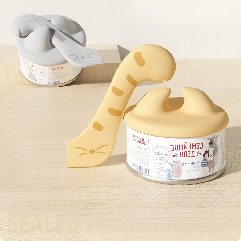Multifunctional cat jar spoon with can opener in ABS silicone, available in yellow pink and grey colours