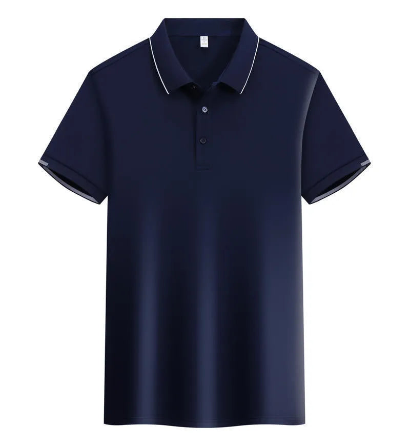 Man wearing a loose fit apricot coloured short sleeve cotton blend polo shirt.