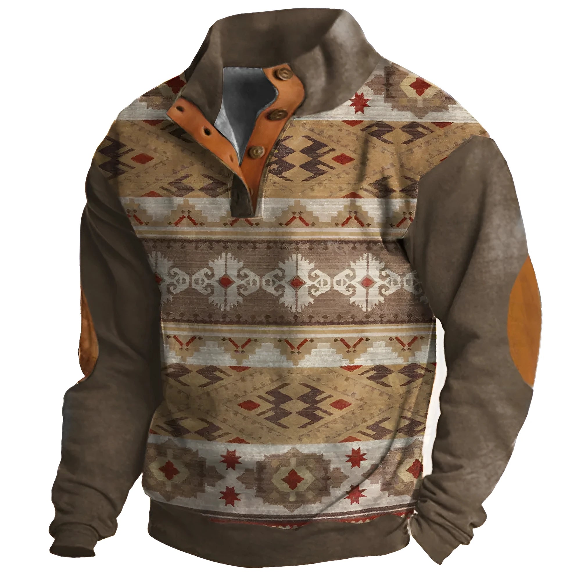 Long-sleeved loose fit grey sweater with a raised 3D geometric pattern and four-button front closure.