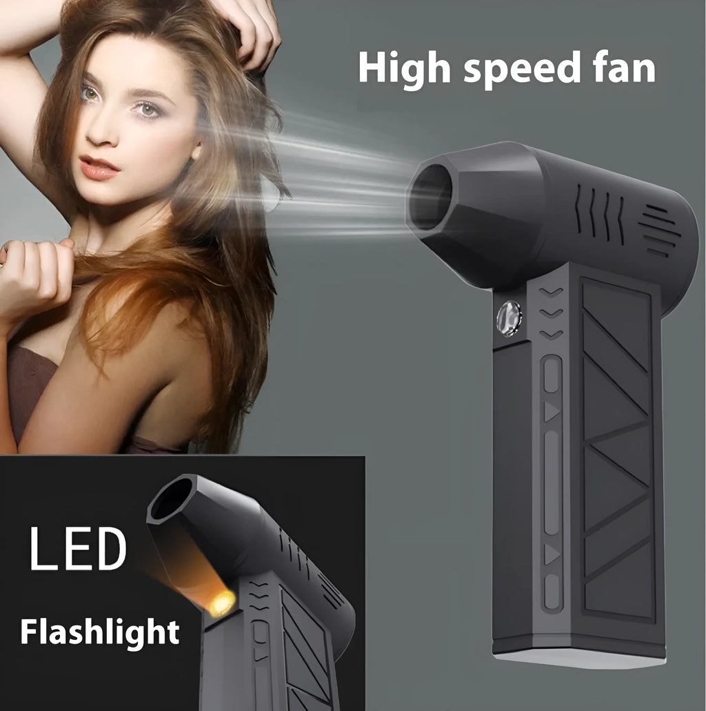 High-speed mini handheld dust blower in black with brushless motor, 4-speed modes, and compact 130x78x38mm design
