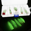 Set of five 3D fluorescent hard bait fishing lures with luminous glow design.