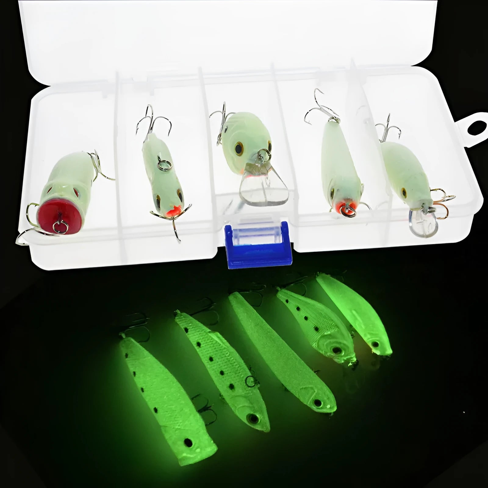 Set of five 3D fluorescent hard bait fishing lures with luminous glow design.