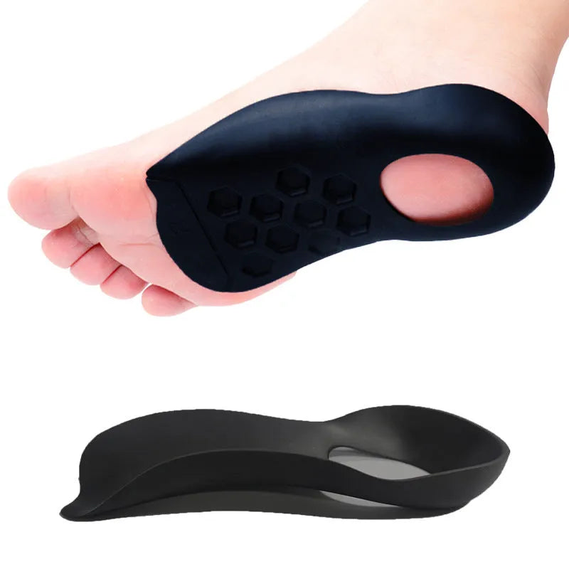 Varus correction arch support insole in TPR material shown in white, black, and skin colour options.