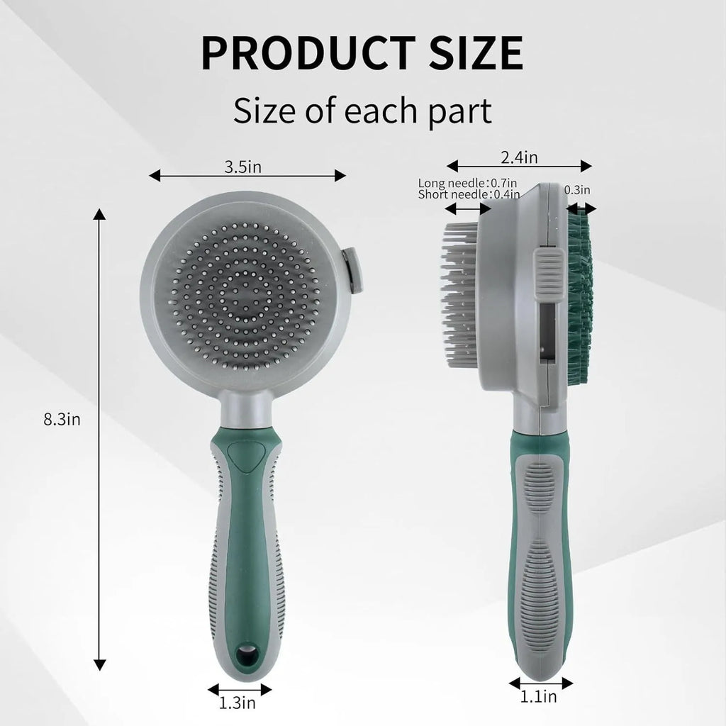 Green and pink two-sided pet grooming brush with retractable slicker and silicone massager